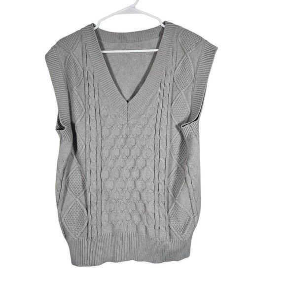 Gray Cable Knit Sweater Vest Women M Y2K Light Academia Preppy Layered Luxe - Picture 2 of 8